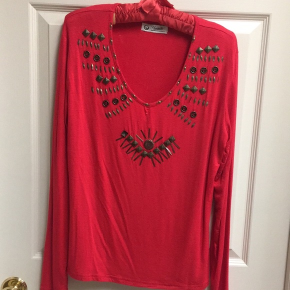 Phoenix Fashions Tops - Bronze Studded Stretchy Red Top
